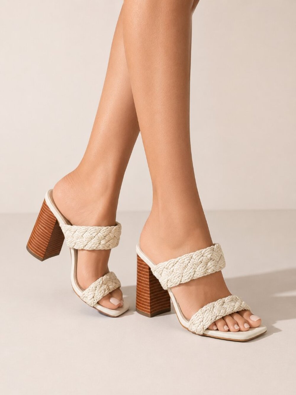 Cape Robbin Women's Ivory Braided Strap Block Heel Mule Sandals, 10